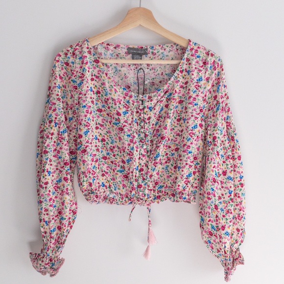 Sans Souci Boho Pink Ditsy Floral Print Balloon Sleeves Crop Top, NWT, Size XS - Picture 4 of 5